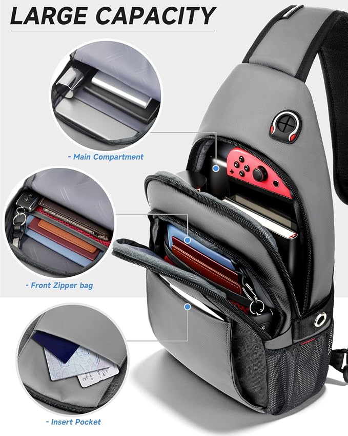 Expandable Sling Bag for Men, Anti-Theft Chest Pack with Water Bottle Pocket & Earphone Port, Crossbody Backpack for Hiking, Travel & Outdoor, Fits Switch 2, 11 Inch iPad, Grey | Mens Crossbody Bag - Image 5