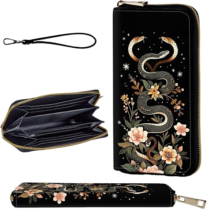 Wallet,Leather Long Wallet Suitable For Ladies And Teenagers - Detachable Wristband + RFID Travel Wallet With Card Slot - Aesthetic Snake Floral by Unknown
