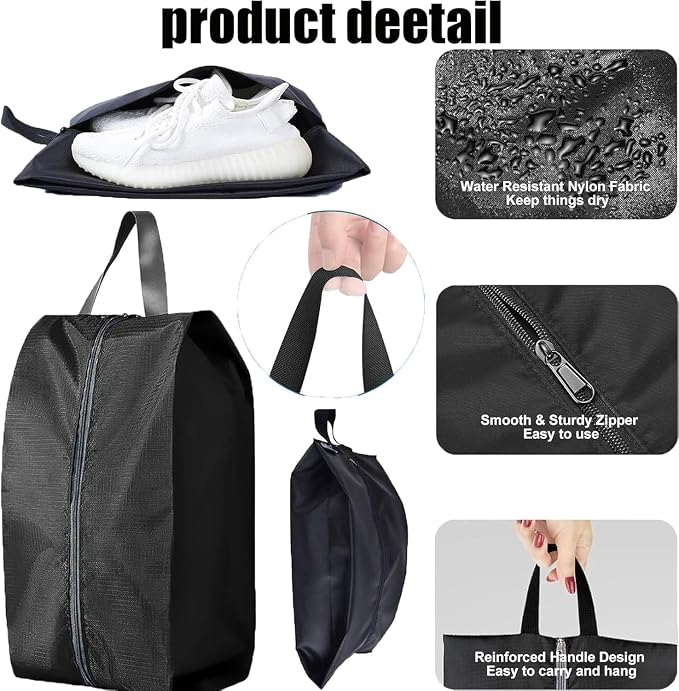 5Pcs XL Travel Shoe Bags Portable Travel Gifts Shoe Organizer with Zipper Closure, Waterproof Nylon Shoe Storage Organizer with Handle Travel Bags For Men and Women, Black - Image 3