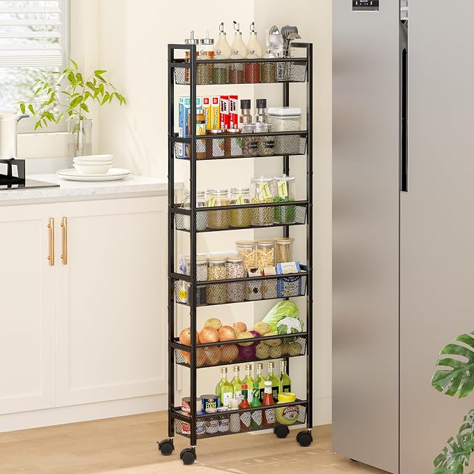 ThreeHio 6 Tier Slim Storage Cart, Narrow Cart with Wheels, Metal Mobile Shelving Unit Organizer for Kitchen, Bathroom, Laundry Room, Living Room & Narrow Spaces, Black, 6in(W) by ThreeHio