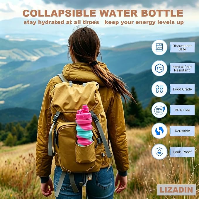 Collapsible Water Bottles 2Pack,17OZ Silicone Bottle (Black+Blue) | 500ml Reusable silicone Collapsible Water Bottles for Traveling with Carabiner,Leak-Proof ,BFA -Free ,Sport Camping Hiking - Image 2