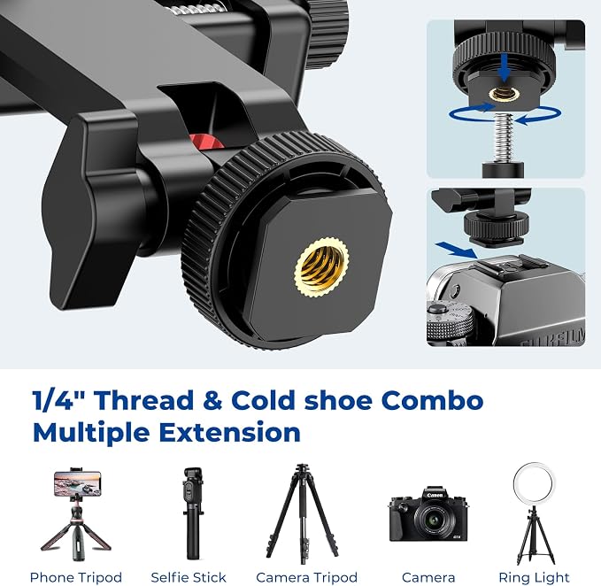 Ruittos Phone Tripod Mount with Remote Controller, New Universal Smartphone Mount Adapter with Cold Shoe, 360° Rotates Cell Phone Clip Clamp Holder, Compatible with iPhone, Samsung and All Phones - Image 7