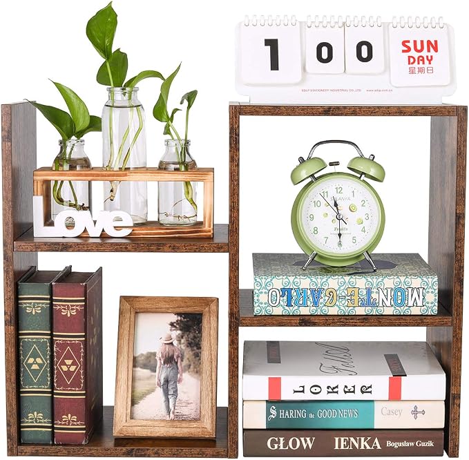 Desktop Shelf Freestanding Wooden Small Bookshelf Desk Supplies Organizers and Accessories Storage Display Rack Office Dorm Decor for Women, Antique Brown - Image 4
