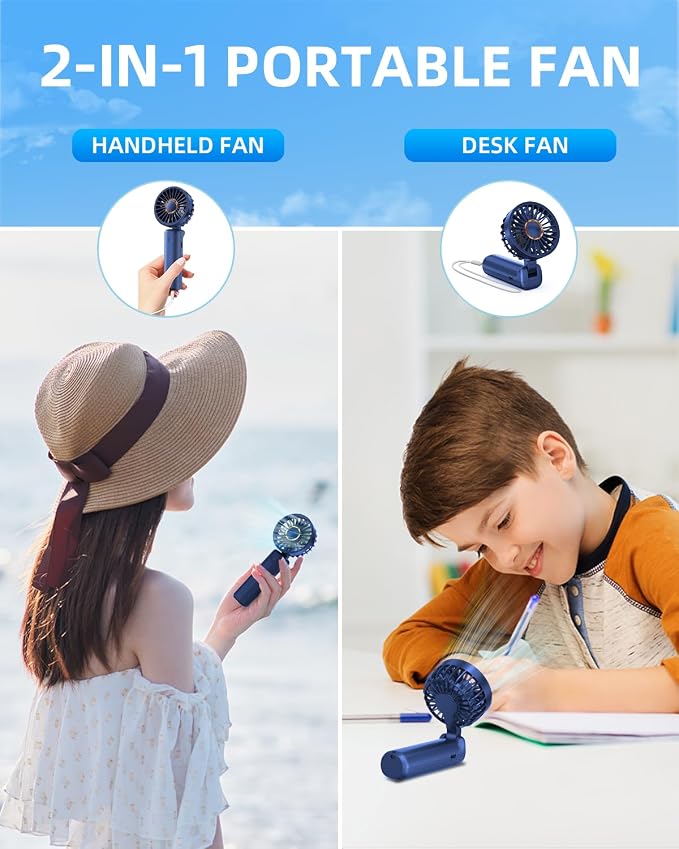 Portable Mini Fan, Handheld Fan, Small Desk Fans 180° Adjustable, 3-8 Hours Working Time, 3 Speeds, 1800mAh Battery Operated Fans USB Rechargeable for Indoor Outdoor Travel - Image 2