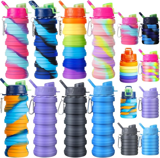 Chengu 8 Pcs Collapsible Water Bottles 16 oz Foldable Travel Bottles Bulk | Leakproof Reusable with Clip, Portable for Camping Hiking Cycling Gym Yoga, Space-saving Collapsible Design by CHENGU