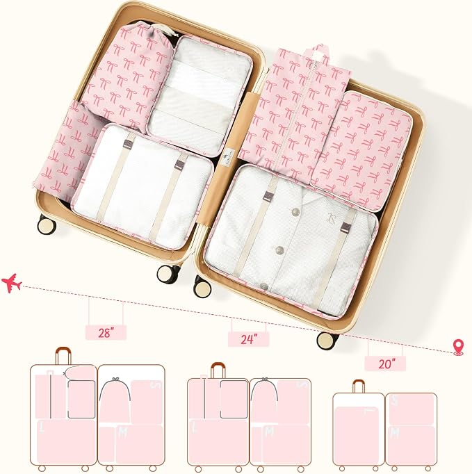 9 Set Packing Cubes for Travel Essentials - Lightweight Carry-On Luggage Organizer Bags with Shoe, Clothes & Laundry Bags for Airplane, Family & Business Travel, Pink bow - Image 3