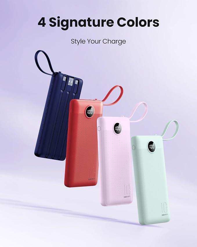 Portable Charger with Built-in Cable, 10000mAh Slim USB C Power Bank, External Battery Pack 5 Outputs 2 Inputs LED Display Compatible with iPhone/Android & More (Lavender) - Image 7