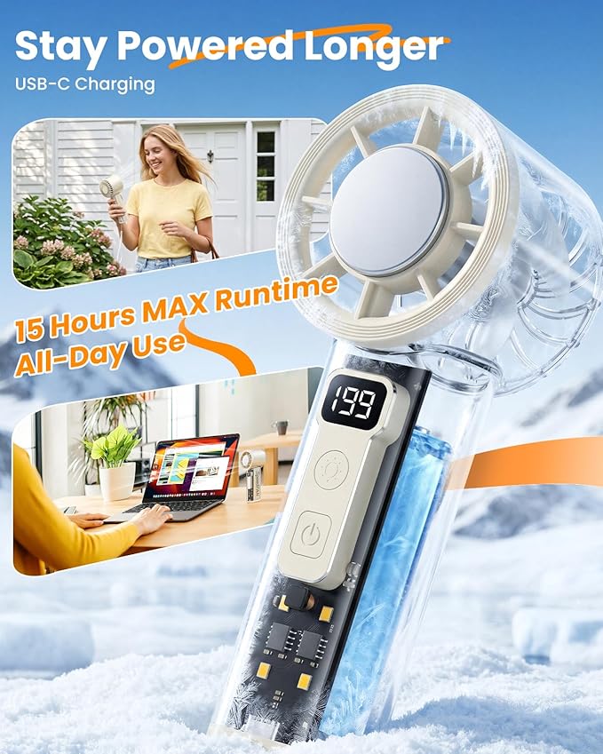 Portable Handheld Turbo Fan, 5-Speed Adjustable USB-C Rechargeable with LED Digital Display & 4-Mode Flashlight, Lightweight Personal Fan for Travel/Camping/Indoor Use, White - Image 4