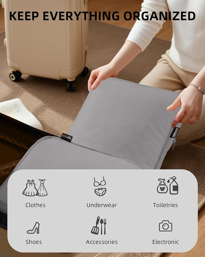 Compression Packing Cubes for Travel, 6-Piece Set (Large/Medium/Small), Double-Zip Luggage Organizers for Suitcase & Carry-On, Clothes Storage Bags (Silver Gray, 6 Pack) - Image 6