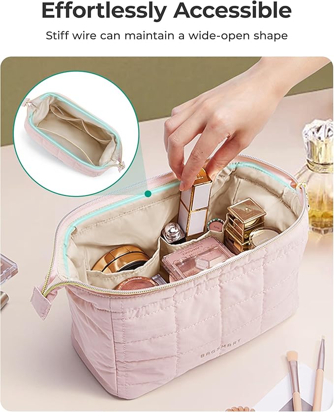 BAGSMART Makeup Bag Travel Toiletry Bag, Wide-open Zipper Pouch, Dusty Rose | Puffy Padded, Travel Essentials, Make Up Bag, For Women, Makeup Organizer, Toiletries Accessories Brushes - Image 4
