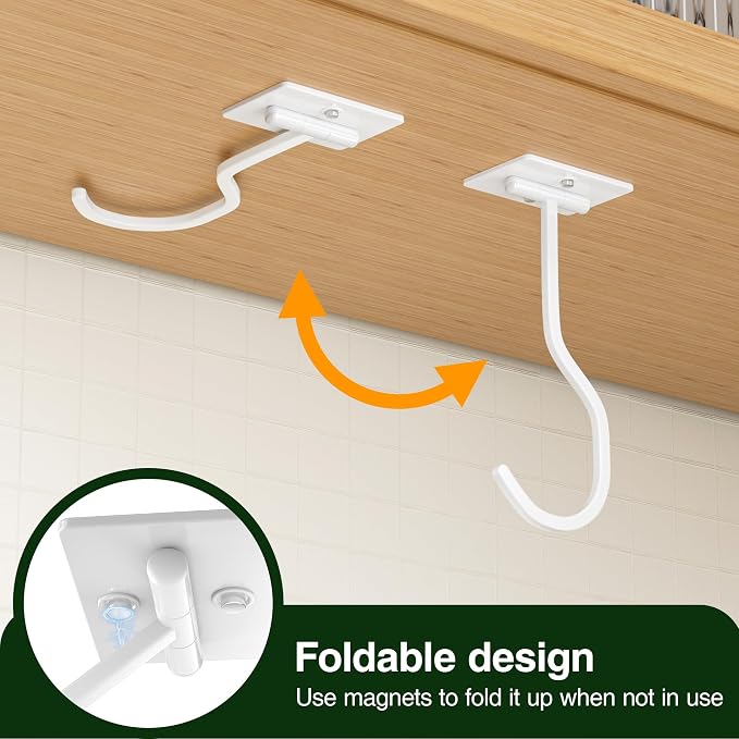 bussdis Adhesive Banana Hook Under Cabinet, White, 2 Pack | Foldable Banana Hanger, Metal Banana Holder, Hold 20 Bananas, Space-Saving Design, Folding with Magnets When Not in Use - Image 2