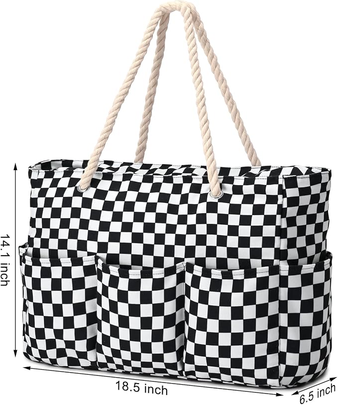 Becokan Beach Bags for Women Canvas Large Beach Tote Bag Zipper Waterproof Sandproof Foldable Swim Pool Bag with 7 Pockets - Image 6