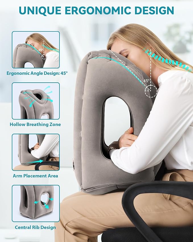 Inflatable Travel Pillow, Airplane Neck Pillow Comfortably Supports Head and Chin for Airplanes, Trains, Cars Office Napping on The Tray Table (Grey) - Image 2