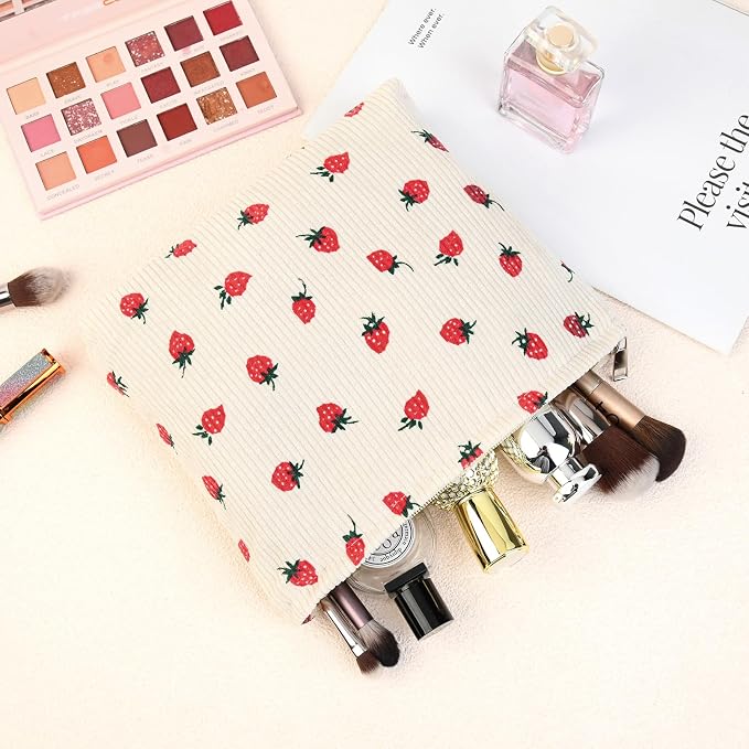 SOIDRAM 2 Pcs Cute Makeup Bag Large Cosmetic Bag Toiletry Bag Makeup Pouch Travel Bag Organizer Cute Makeup Brushes Aesthetic Accessories Storage Bag for Women Strawberry Beige - Image 7