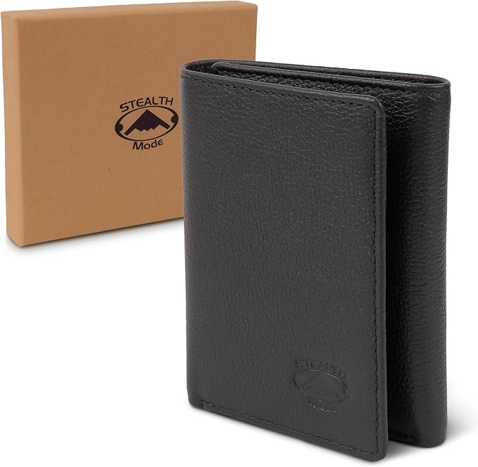 Stealth Mode Trifold Leather Wallet for Men with RFID Blocking | Black Pebble Top Grain Napa Leather, 9 Card Slots, ID Window, Gift Box – Gift for Dad, Husband, or Son - Image 8