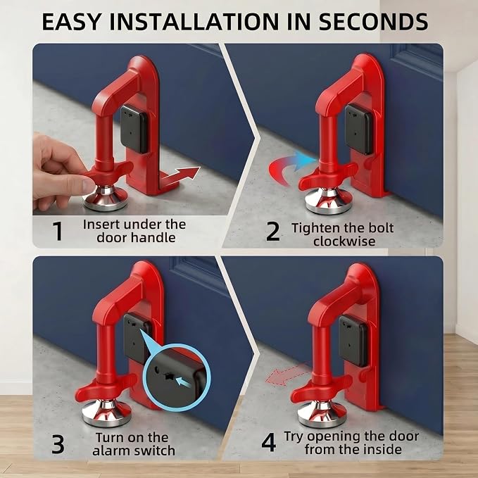 Portable Door Lock for Travel with 80dB Alarm, Floor-Braced Door Stopper | No-Drill Floor Brace, Pressure-Activated 5-Second Alert, Compatible Inward-Opening Doors Only - Image 7