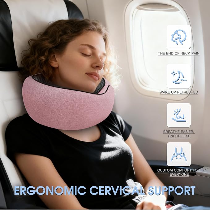 Neck Travel Pillows for Airplanes Memory Foam Neck Comfort Pillow Compact Ergonomic Design Sleeping Essentials for Long Flights Car Rides and Home Use (Pink) - Image 3