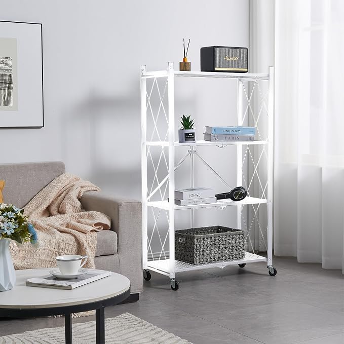 BRIAN & DANY 4-Tier Foldable Storage Shelves with Wheels, Folding Metal Rack Shelving Unit, Heavy Duty No Assembly Organizer Shelf for Garage, Kitchen, Pantry, White - Image 2