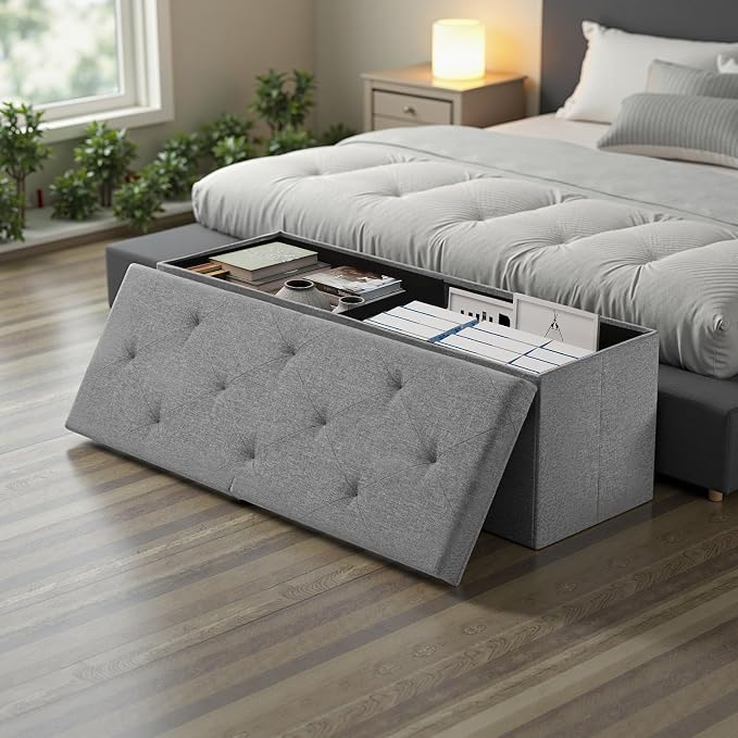 DUMOS 43 Inch Folding Storage Ottoman Bench, Large Ottoman with Storage | Storage Chest with Thicker Foam Padded Seat, End of Bed Foot Rest Stool for Bedroom Living Room Entryway, Load 660 lbs, Grey - Image 7