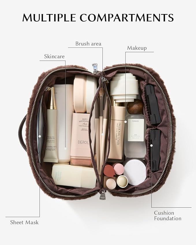 EACHY Travel Makeup Bag for Women, Faux Fur Cosmetic Bag, Brown, Medium | Faux fur bag with flat-open access, inner storage and clear TPU brush pocket for makeup, toiletries and travel essentials - Image 3
