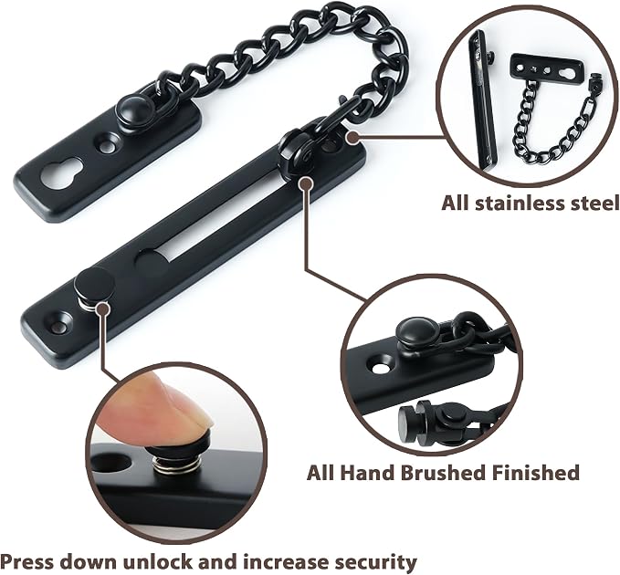 Alise Door Chain Lock Black,Door Security Chain Lock for Inside Door,2 Pcs | Stainless Steel,Door Chain Lock Guard with Spring Anti-Theft Press Button,Door Lock Latch for Front Door - Image 4