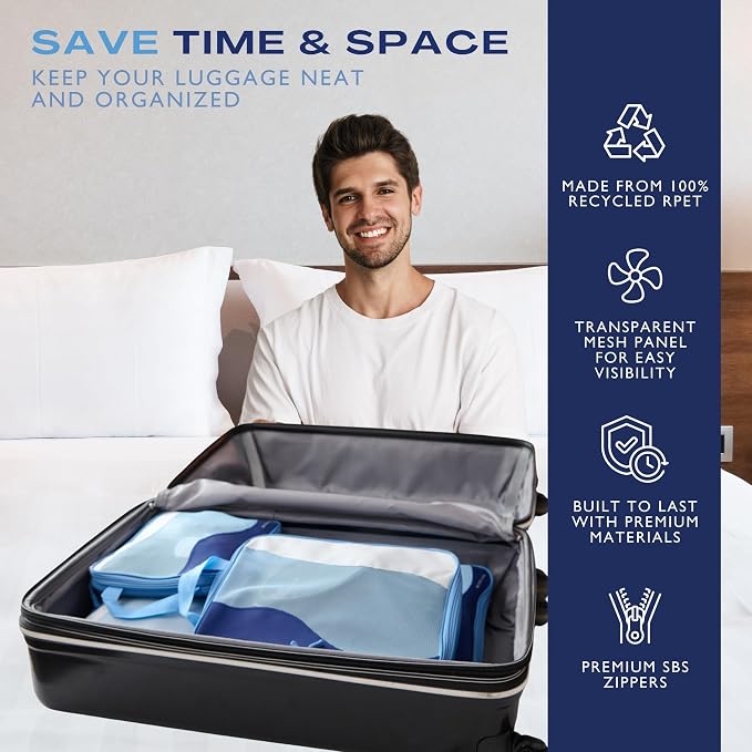 Compression Packing Cubes, 4 Set Packing Cubes for Travel, Travel Essentials for Men, Compressible Package Organizer for Suitcases, Navy Blue - Image 4