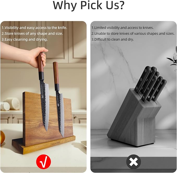 Magnetic Knife Block, Teak Wood Utensils Holder, Strong Magnet Stand for Kitchen Counter (10.8 x 8 Inches, Without Knives) - Image 4