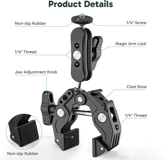 AKASO Camera Super Clamp Mount with Phone Clip Dual Ballhead Magic Arm | Clamp Mount with Cold Shoe for GoPro, Insta360, DJI Action, Osmo 360, EK7000/EK7000 Pro, Brave 4, Brave 7 LE Action Cameras - Image 2