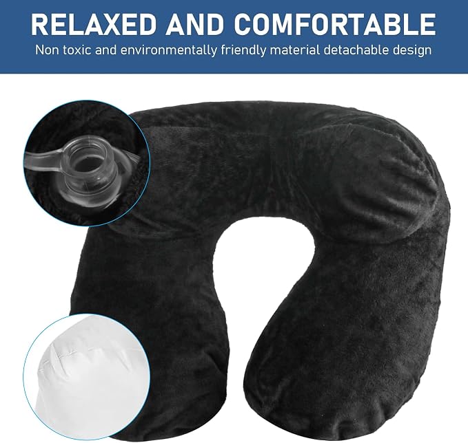 Inflatable Travel Neck Pillow Air Filled Airplane Sleep Support Black | Eye Mask Earplug Set Portable Comfort Travel Accessory Kit - Image 4