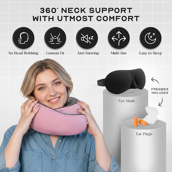 The Cozeo™ Travel Neck Pillow, 100% Pure Memory Foam Airplane Neck Pillow with Eye Mask & Earplug, Ideal for Long Flight, Car Road Trip Essentials & Sleeping | Suitable for Adults & Kids - Pink - Image 6