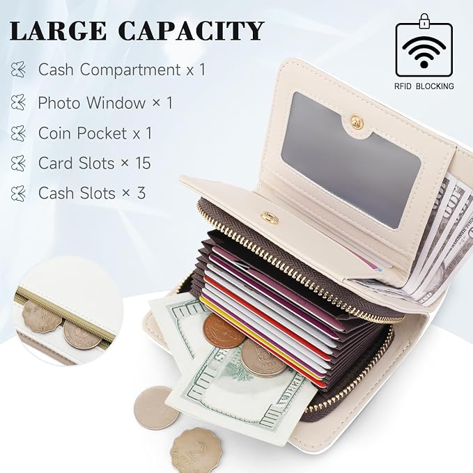 KITEVIUN Women RFID Blocking Small Bifold Wallet, Compact Cash Clutch with Zipper Coin Pocket, Glittery Butterfly Design, Credit Card Holder, Travel Purse with Tassel WHITE - Image 4