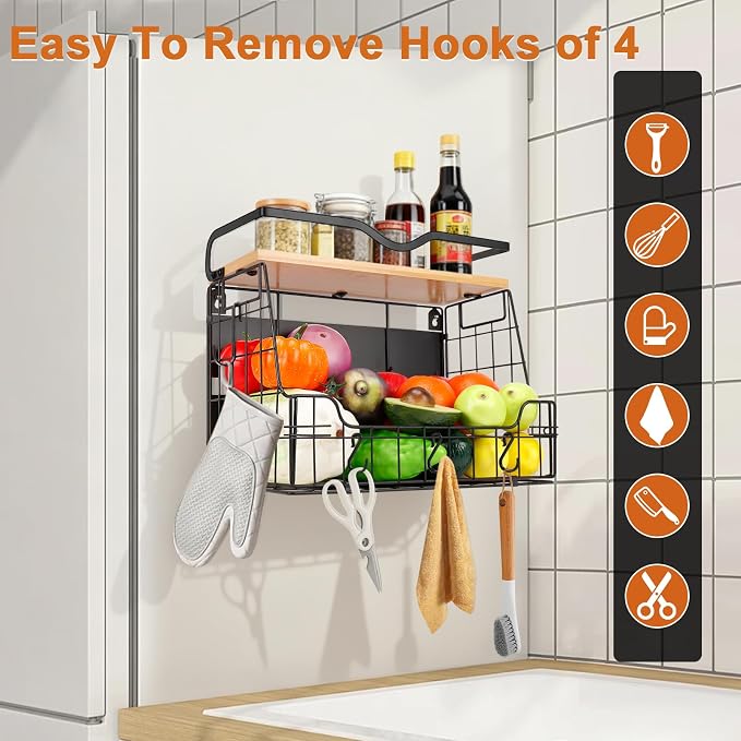 Livabber Magnetic Fridge Organizer Basket with Wood Shelf, Large Fruit Vegetable Storage Bin, Spices Snacks Condiments Rack for Kitchen Pantry, Laundry Room, Office, Magnetic or Wall Mount (Black) - Image 7