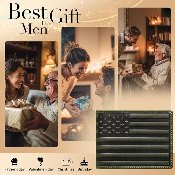 Wallet for Men-Genuine Leather RFID Blocking Bifold Stylish Wallet American Flag Wallet With 1 ID Window (Green, Without ID Window) - Image 9