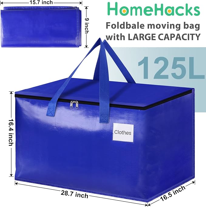 HomeHacks Moving Bags, 125L-8 Pack Heavy Duty Moving Totes | Storage Bags, Collapsible Moving Supplies, Reinforced Handles & Tag Pocket, Moving Totes with Zipper - Image 2