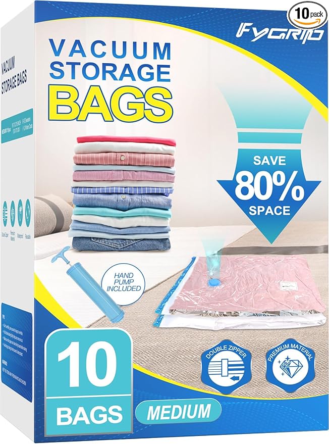 80% Space Saver Vacuum Storage Bags with Hand Pump, 10 Medium | Plastic Packaging Bags, Vacuum Seal Bags for Clothing, Travel Lugggage, Blankets, Comforters by Fygrip