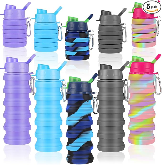 5 Pack Foldable Water Bottles, 16 oz Silicone Reusable Foldable Water Bottle, Portable Leak Proof Travel Sports Bottle with Metal Clip for Camping Hiking Gym, Colorful by Unknown