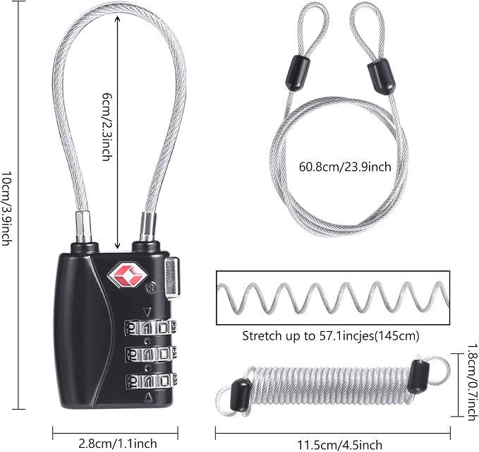 TSA Locks, Digit Combination Padlockss and Steel Cable Combination Travel Security Lock, Coded Lock for Baggage Travel Bag, Suit Case, Gym, Bike Locks (TSA Luggage Locks-2) - Image 2