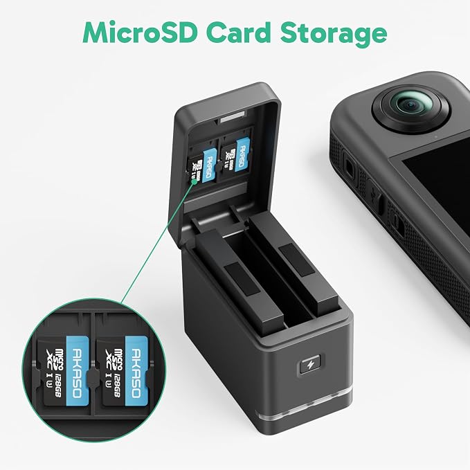 2 x 1350mAh Rechargeable Battery with 3-Channel Charger Case for AKASO 360 Camera, MicroSD Card Storage Slots - Image 5