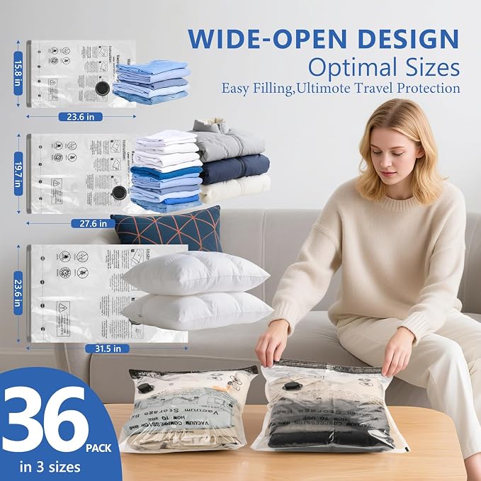 36 Pcs Travel Vacuum Bags for Clothing with Rechargeable Wireless air Pump | Compression Packing Bags for Luggage Suitcase,Carry-on Size Space Saver vacuum storage bags - Image 3