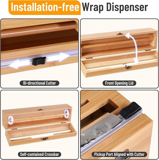 Allinside Magnetic Plastic Wrap Dispenser with Cutter and Labels, Aluminum Foil Holder, Wax Paper Storage Box for Refrigerator, Kitchen Bamboo Organizer Compatible with 12.9" Roll (1 Layer) - Image 5