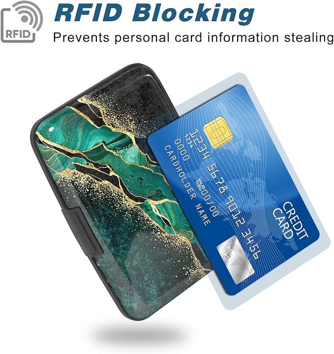 Credit Card Holder, Mini Aluminum Card Wallet RFID Blocking Slim Metal Hard Card Case for Women Men, Green Black Marble - Image 2