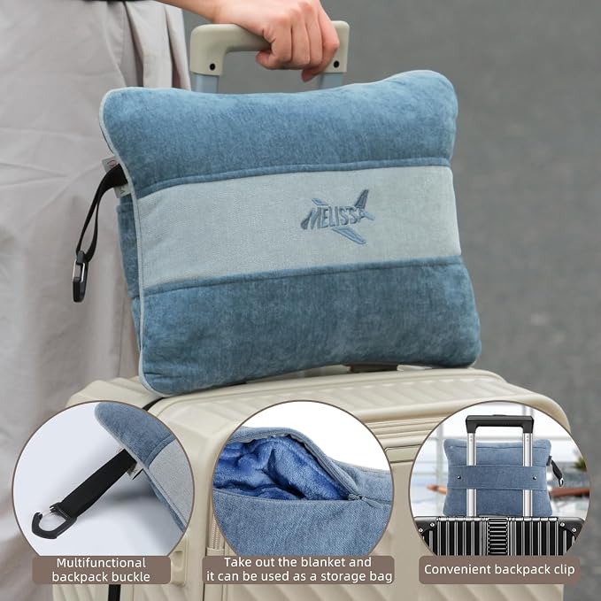 Melissa Large Soft Travel Blanket and Inflatable Pillow Set | Size - 69“ x 43.3”, Lightweight, Compact & Washable for Backpacking, Hiking, Airplane, Car, Office, Camping (Blue) - Image 8