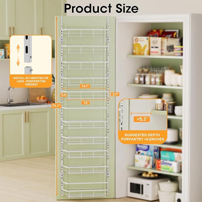 Over The Door Pantry Organizer, 10 Tier Pantry Door Organizers and Storage for Kitchen with Seasoning Shelves, Home & Kitchen Essentials, White - Image 3