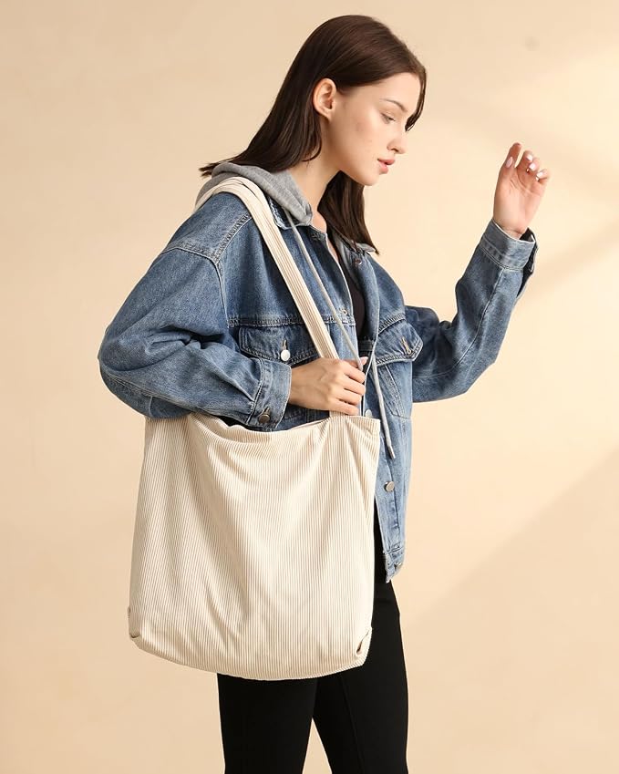 Iioscre Corduroy Tote Bag for Women,Hobo HandBags with Zipper | Large Capacity Casual Shoulder Bag with Inner Pockets for Shopping Work Daily Travel. - Image 2
