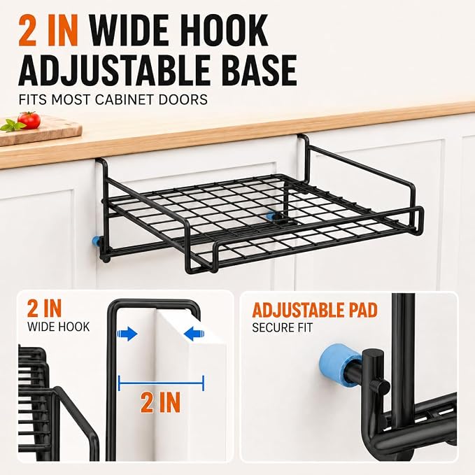 Kitchen Counter Extender, 1-Sec Foldable Over Cabinet Door & Drawer Organizer Shelf, No Drill Hanging Storage Rack Space Saver with Towel Bar for RV & Renters (Carbon Steel Black) - Image 7