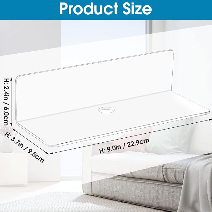 Maitys 8 Pcs White Acrylic Floating Shelves Back to School Supplies 9 Inches Adhesive Wall Mounted Shelves No Drill Hanging Acrylic Wall Display for Living Room Bathroom Bedroom Kitchen Office - Image 2