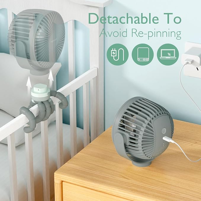 Momcozy 8000mAh Portable Stroller Fan, 27H Ultra-long Battery Life | Detachable 4 Speed 360°Rotate LED Night Light with 2 Modes, USB Rechargeable Handheld Cooling Fan for Travel/Car Seat/Bedroom - Image 5