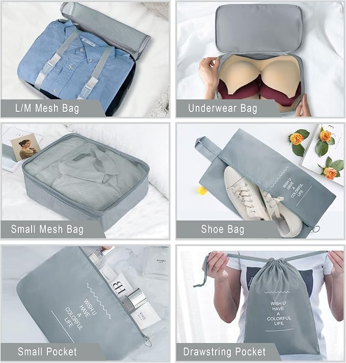 Packing Cubes, 8 Pcs Travel Packing Organizers for Suitcases, Large Capacity Travel Luggage Organizers Set includes 8 Storage Bags for Women or Men (Grey) - Image 4