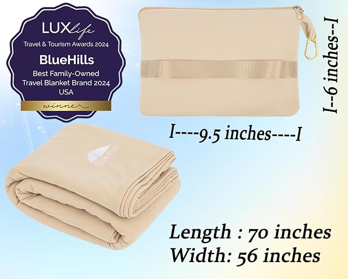 BlueHills Premium Soft Lightweight Travel Blanket Pillow Pocket Size Beige | 2 in 1 Compact Travel Pillow, Portable & Packable, Zipper Case, Long Blanket 70 X 56 Inches, Traveling Gift, Soft & Comfort - Image 5