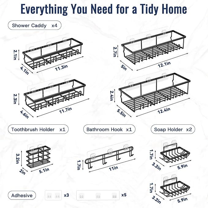8 Pack Adhesive Large Capacity No-Drilling Shower Caddy, Black | Rustproof Shower Shelves Rack with Soap Dishes, Toothbrush Holder & Hooks for Bathroom Organizers & Storage Accessories - Image 8